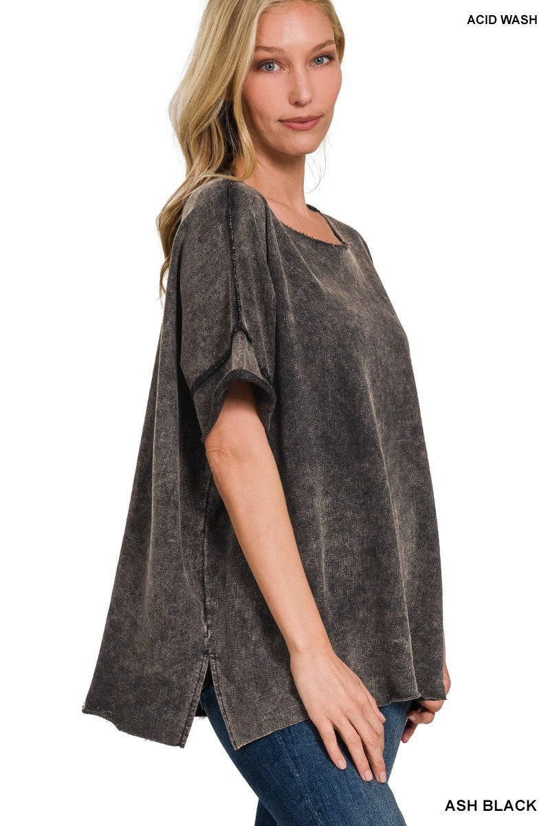 WASHED FRENCH TERRY DROP SHOULDER RAW EDGE TOP- ASH BLACK