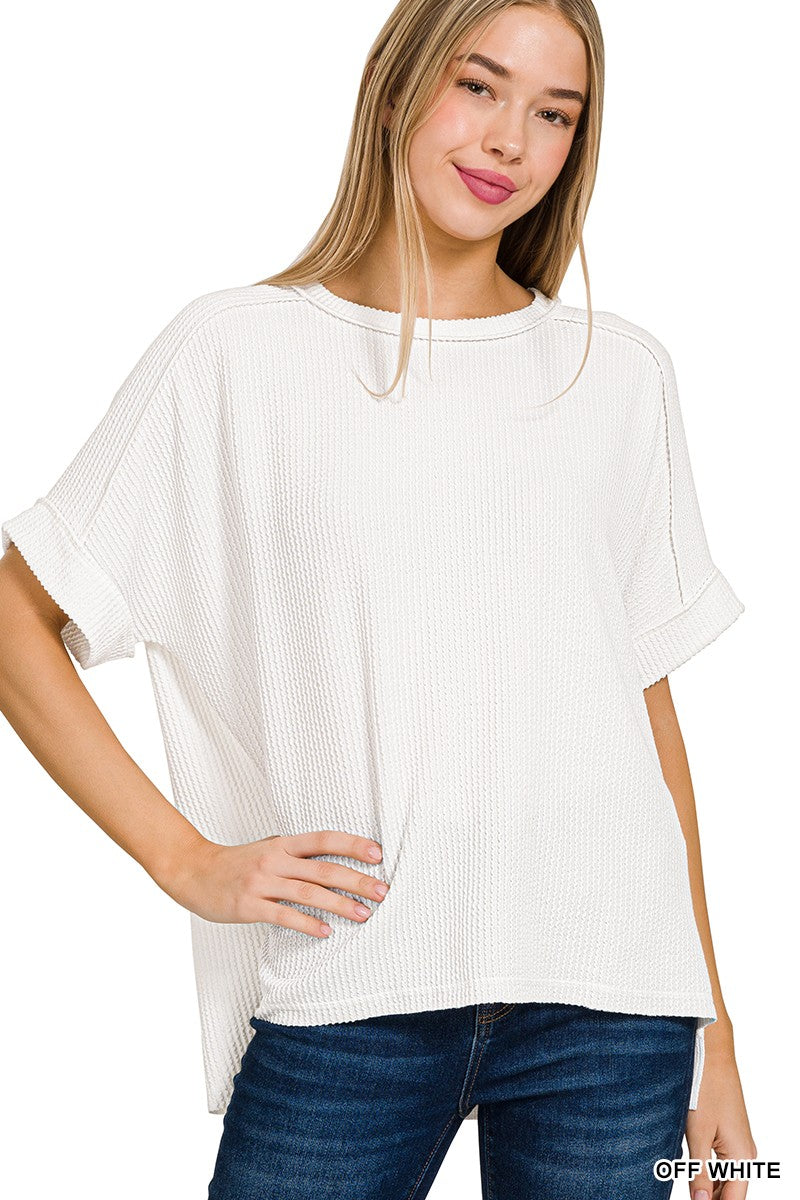 Textured Line Short Cuff Raw Edge Top (Multiple Colors)