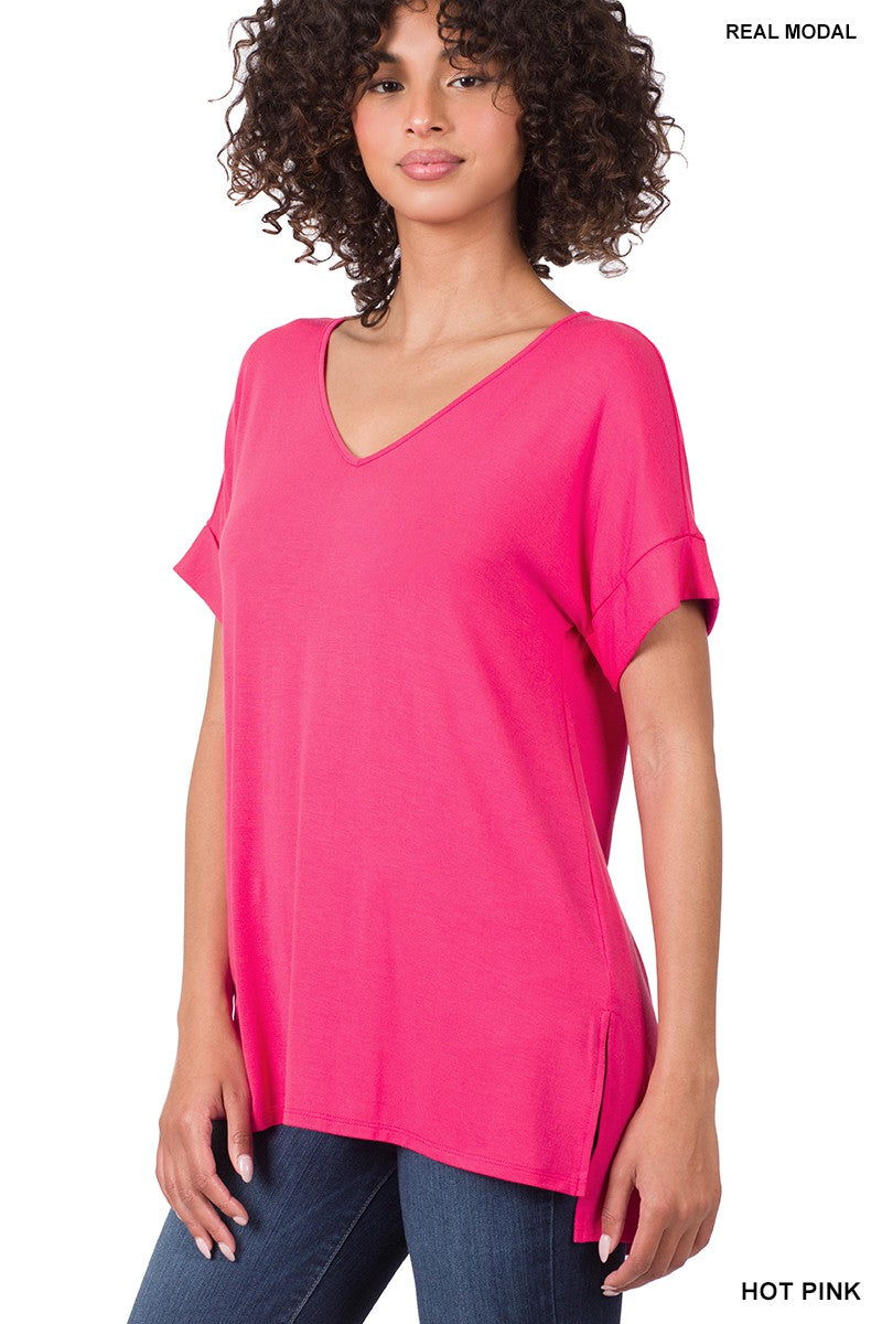 HOT PINK REAL MODAL SHORT SLEEVE V-NECK TOP